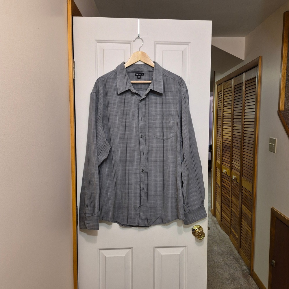 George Mens 3XL Button Down Shirt Light Grey Plaid Long Sleeve GM45Y014B